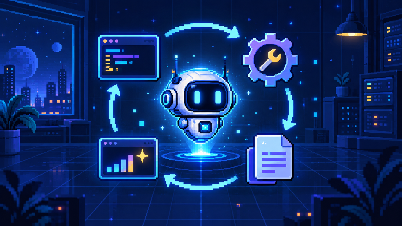 Pixel art AI agent looping through code, tools, files, and results
