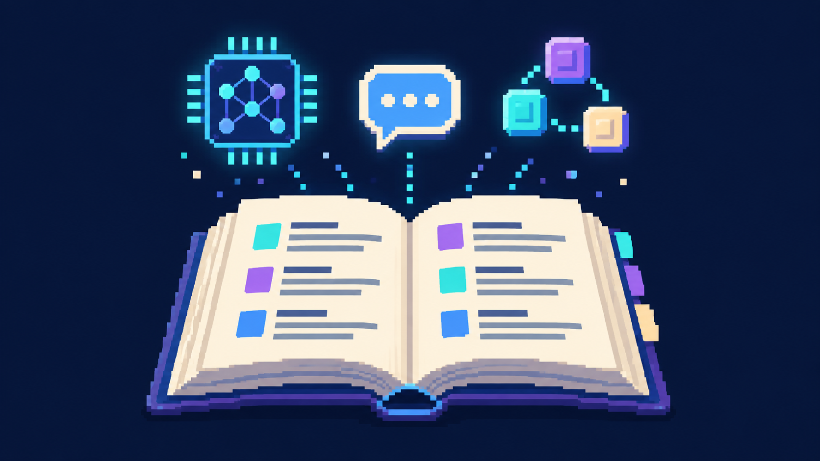 Pixel-art glossary book with a neural-network chip, chat bubble, and connected tokens