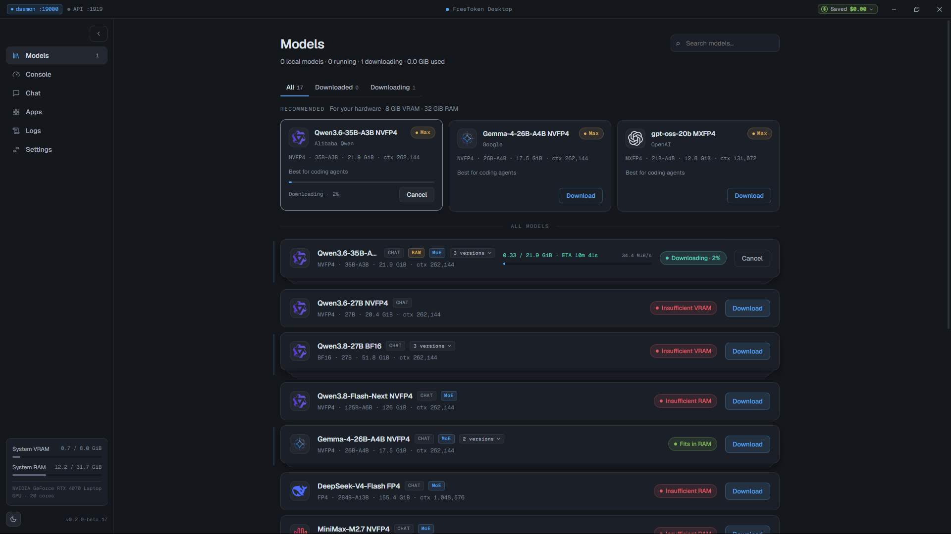 FreeToken hardware detection and model library