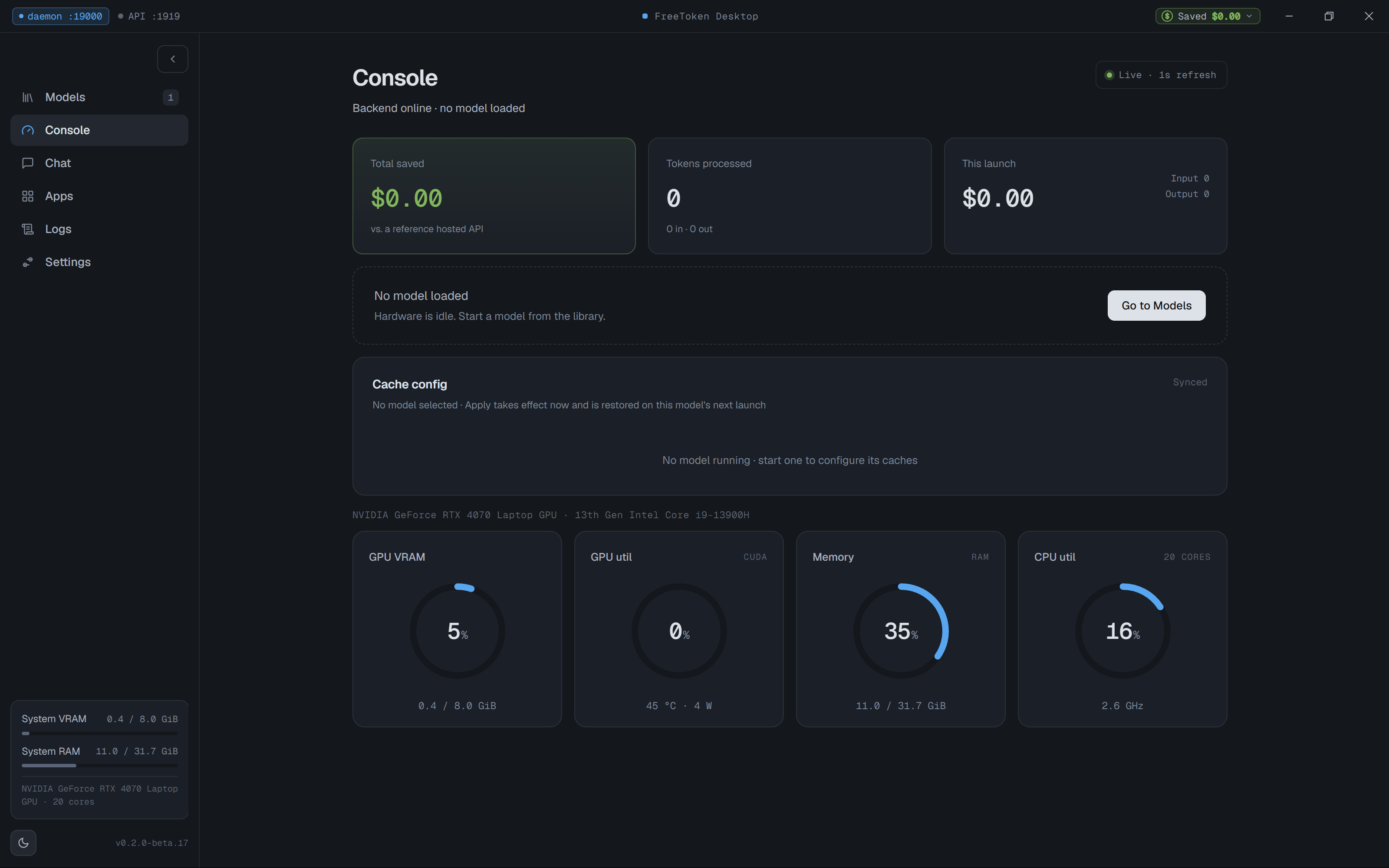 System resources at idle before model loading
