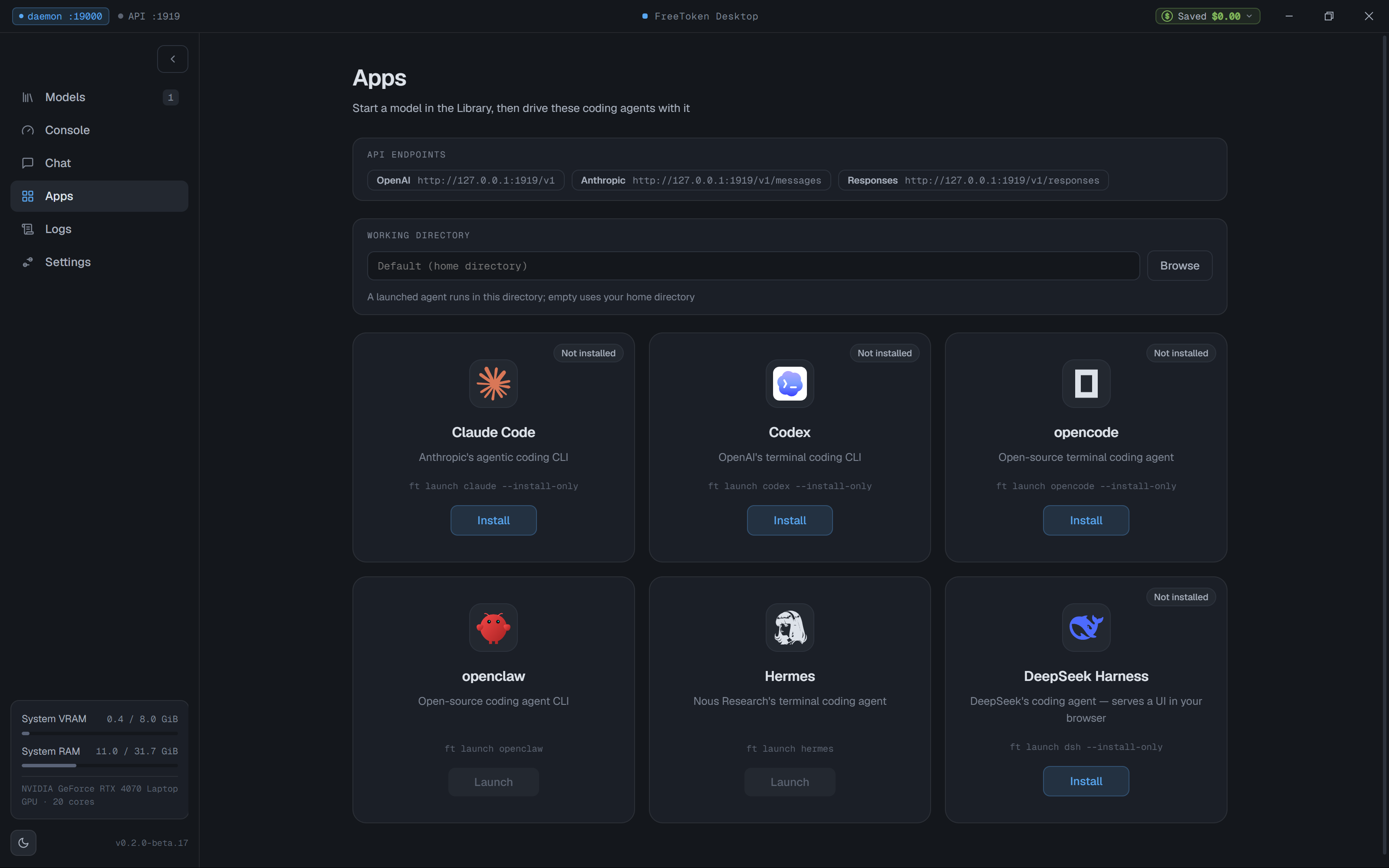 FreeToken Apps tab showing local endpoints and integrations
