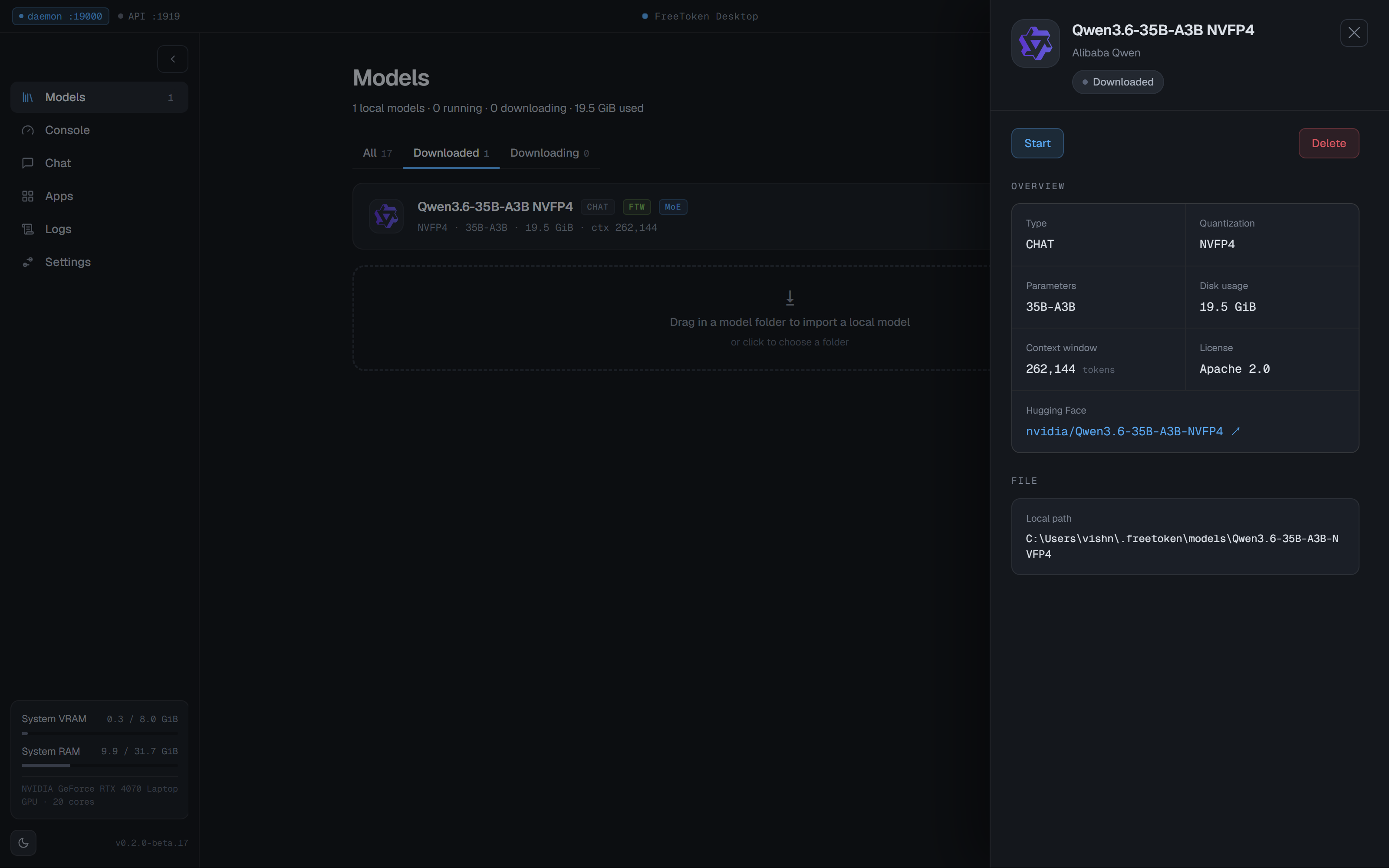 Model detail card on FreeToken