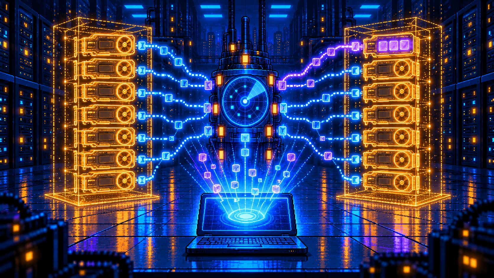 Pixel art laptop projecting a holographic GPU cluster of amber wireframe cards, with a router tower sending request cubes to them and the brightest path going to the card that holds matching cache cubes