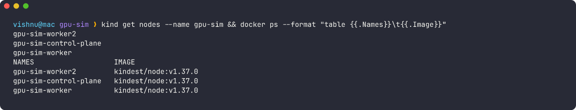 kind get nodes and docker ps showing three kindest/node containers