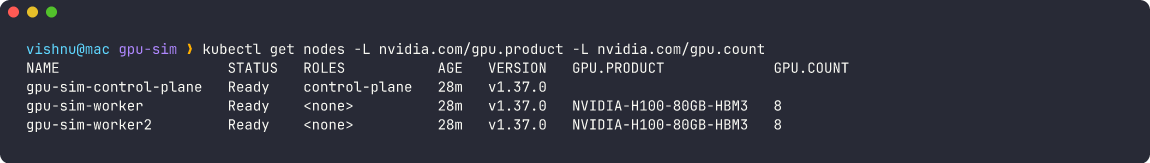 kubectl get nodes showing NVIDIA-H100-80GB-HBM3 with GPU count 8 on both workers