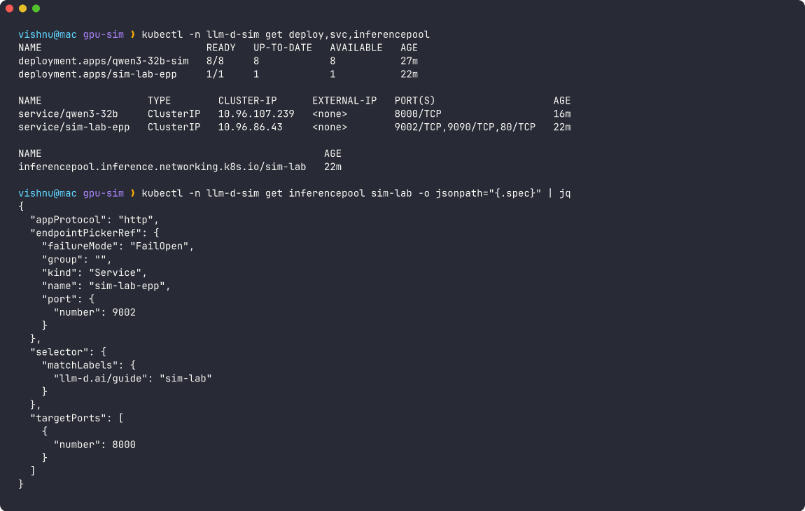 Router deployment, services, and the InferencePool spec selecting pods by label and pointing at the EPP service