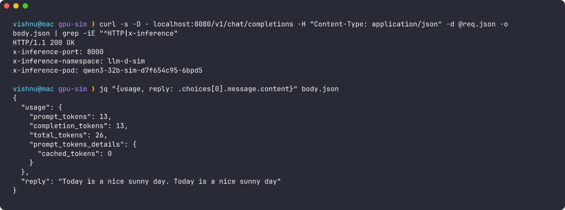 curl through the router returns 200 with x-inference-pod header and an OpenAI-style usage block