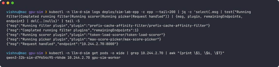 EPP logs showing the filter leaving 1 endpoint, then token-load-scorer, max-score-picker, and the chosen endpoint IP