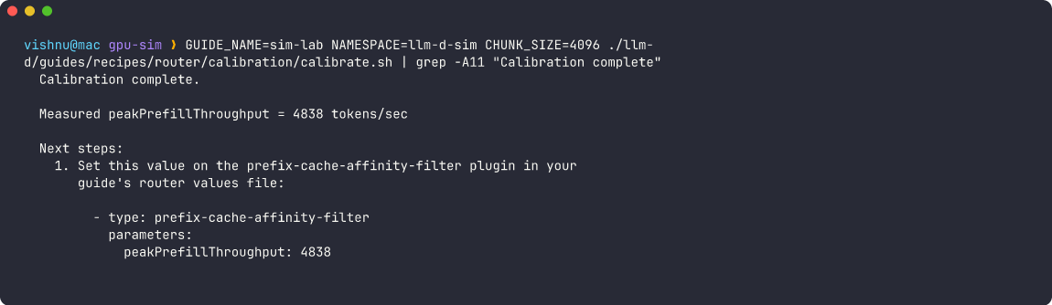 calibrate.sh output: measured peakPrefillThroughput = 4838 tokens/sec