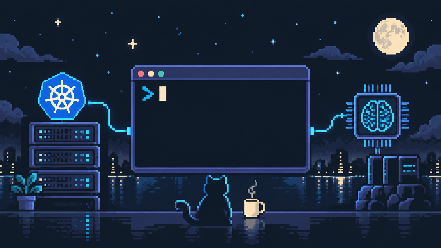 Pixel art terminal connected to servers and an AI chip, introducing the vishctl blog