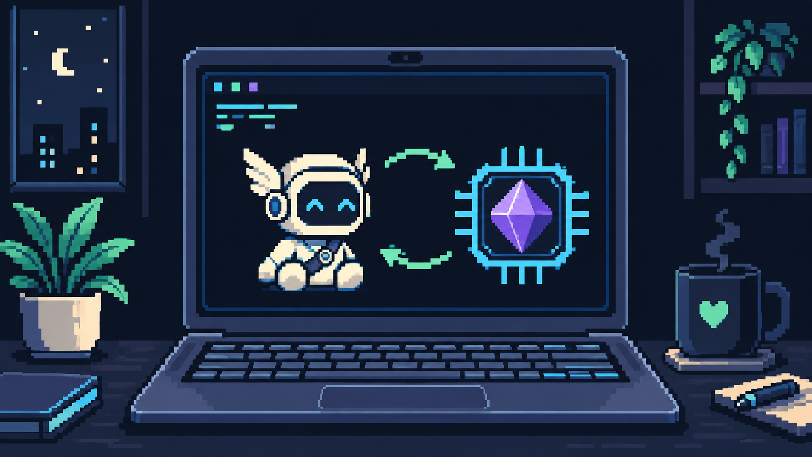 Pixel art laptop with a winged messenger robot exchanging requests with a gem-shaped model chip