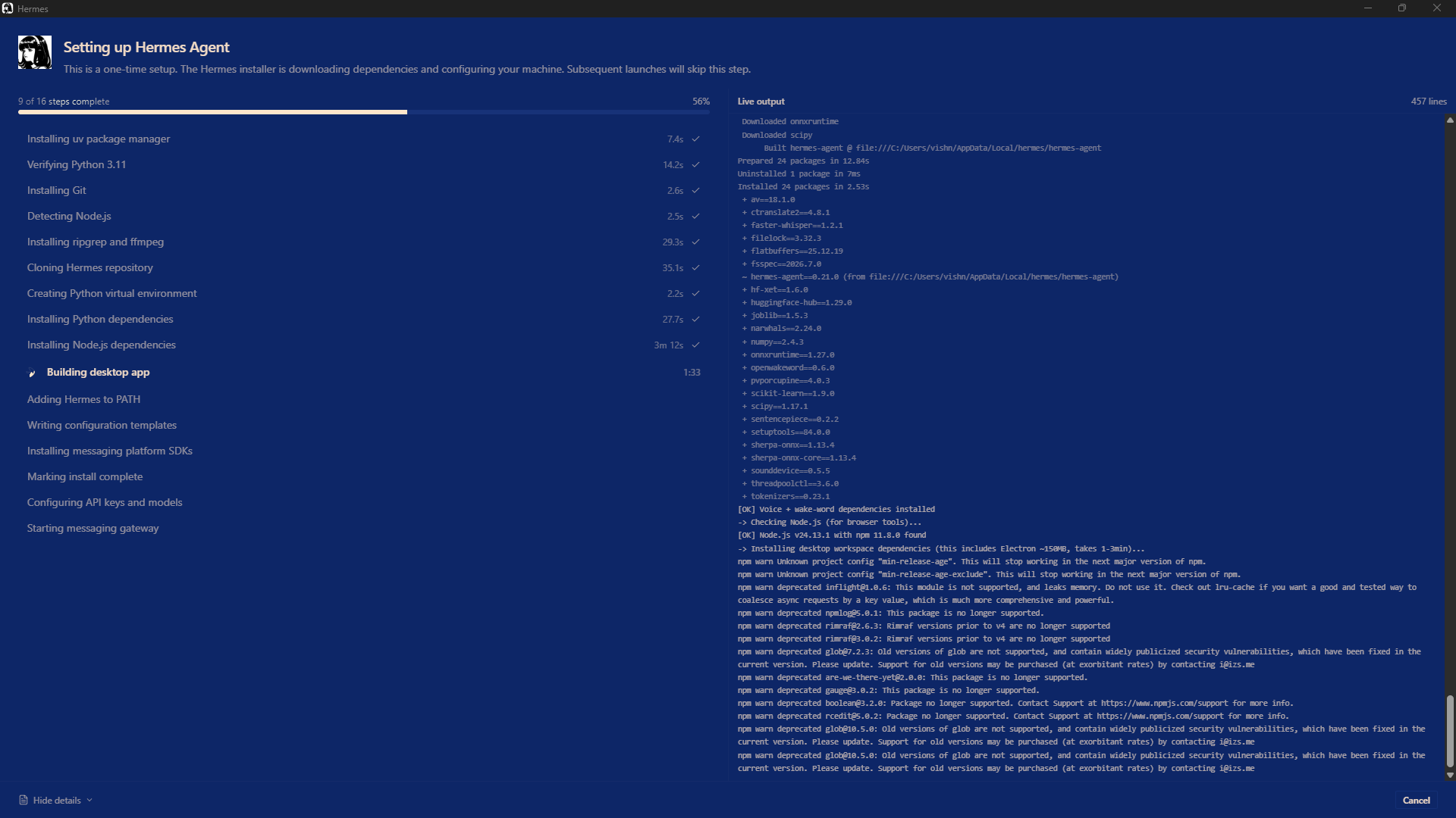 Hermes Windows installer preparing dependencies and building the desktop app