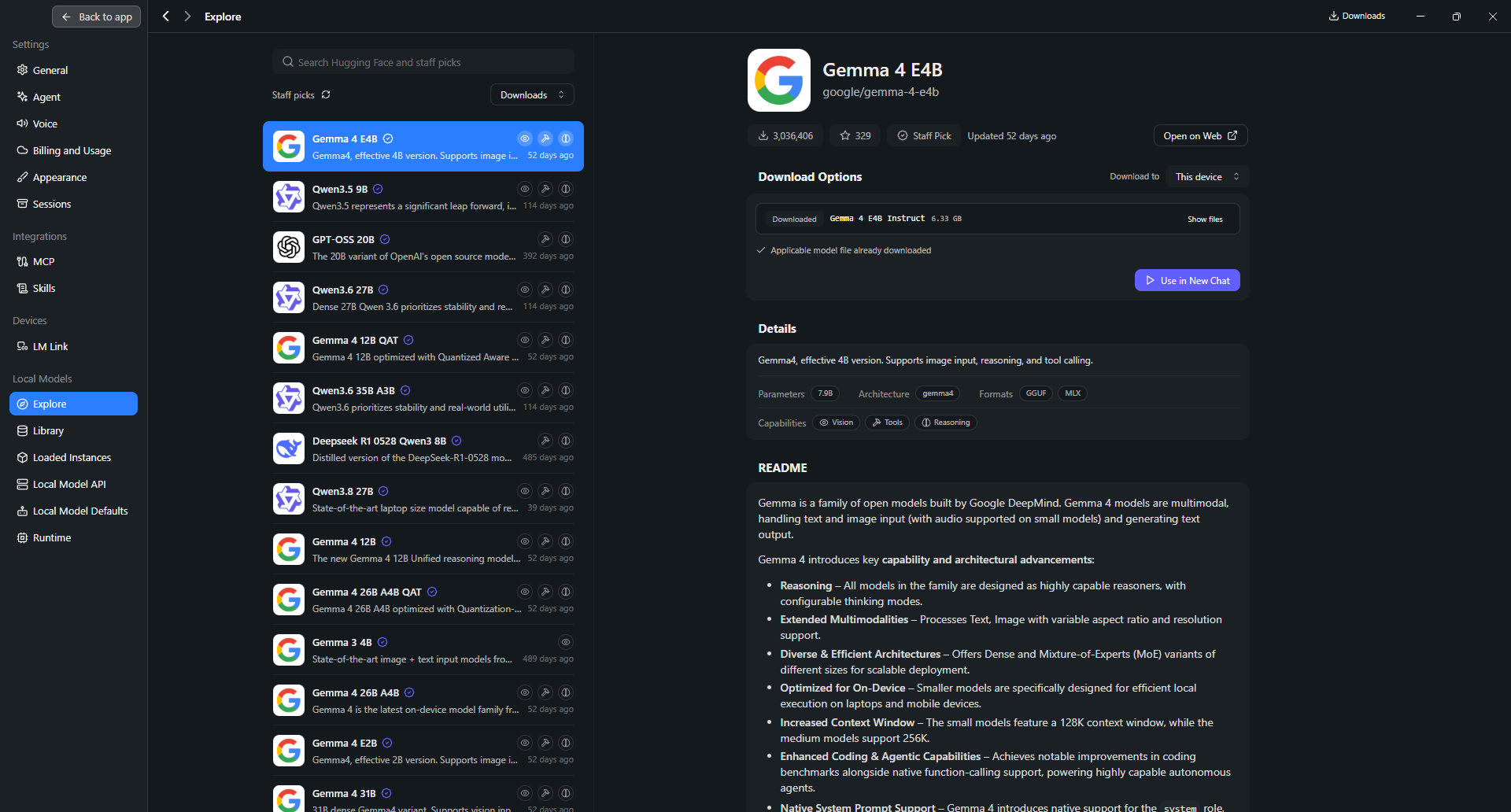 Bionic Explore page with Gemma 4 E4B selected and a 6.33 GB instruction-tuned download available locally