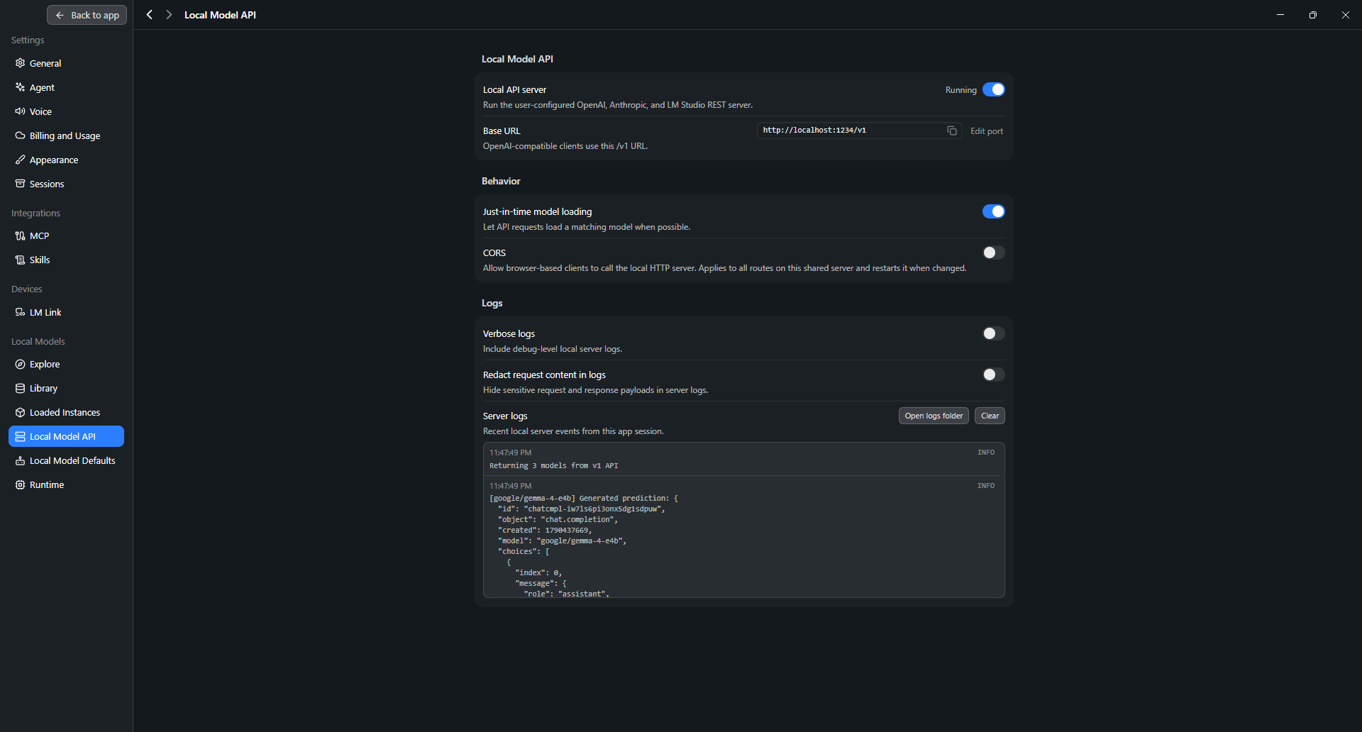 Local Model API running at localhost port 1234 with just-in-time loading enabled and a Gemma completion in the server log