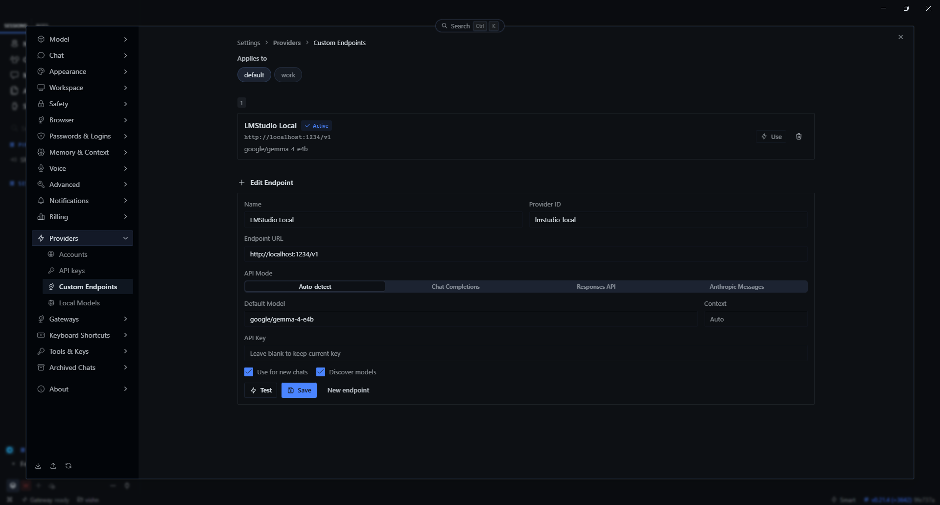 Hermes Custom Endpoints settings with LMStudio Local active, localhost API URL, and google/gemma-4-e4b selected