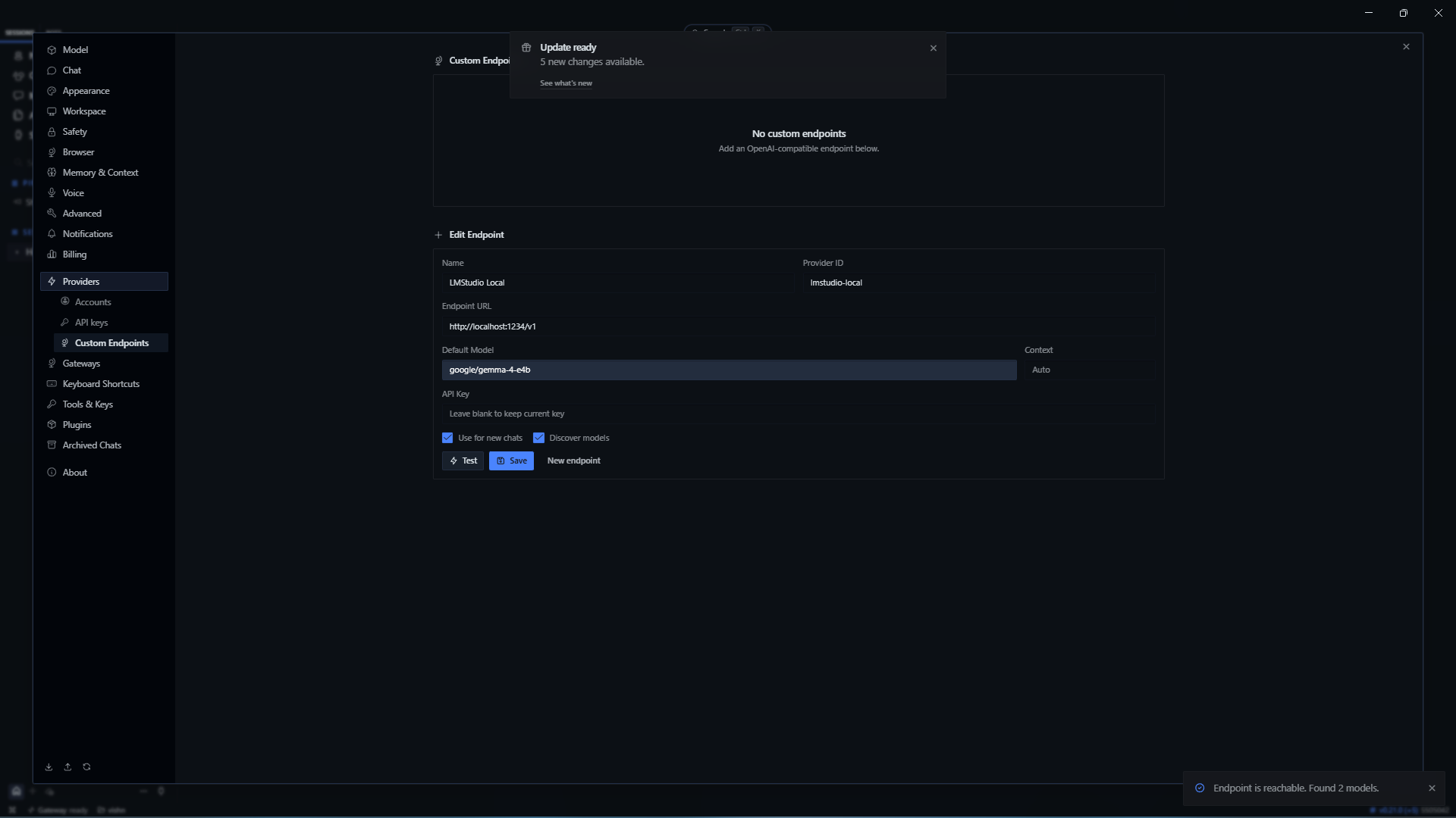 Earlier Hermes endpoint configuration with a notification that the endpoint is reachable and two models were found