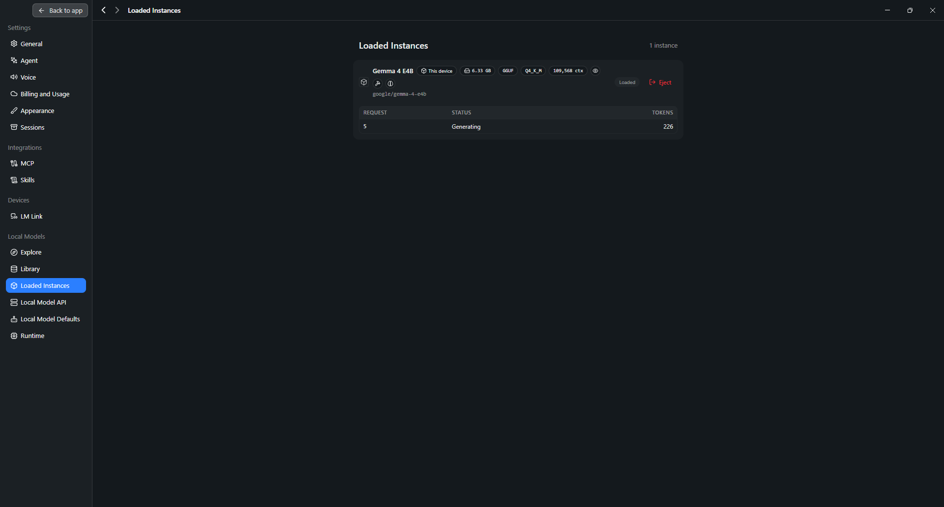 Gemma 4 E4B loaded on this device in GGUF Q4_K_M format with one request generating and a token count of 226