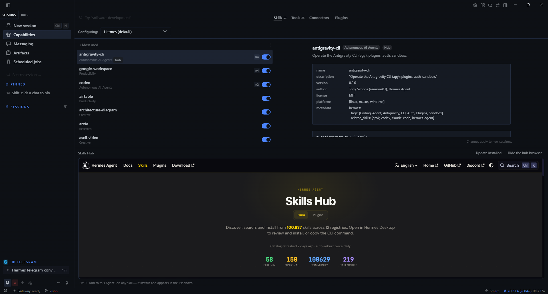 Hermes Capabilities view showing installed skills, tool tabs, and the Skills Hub browser