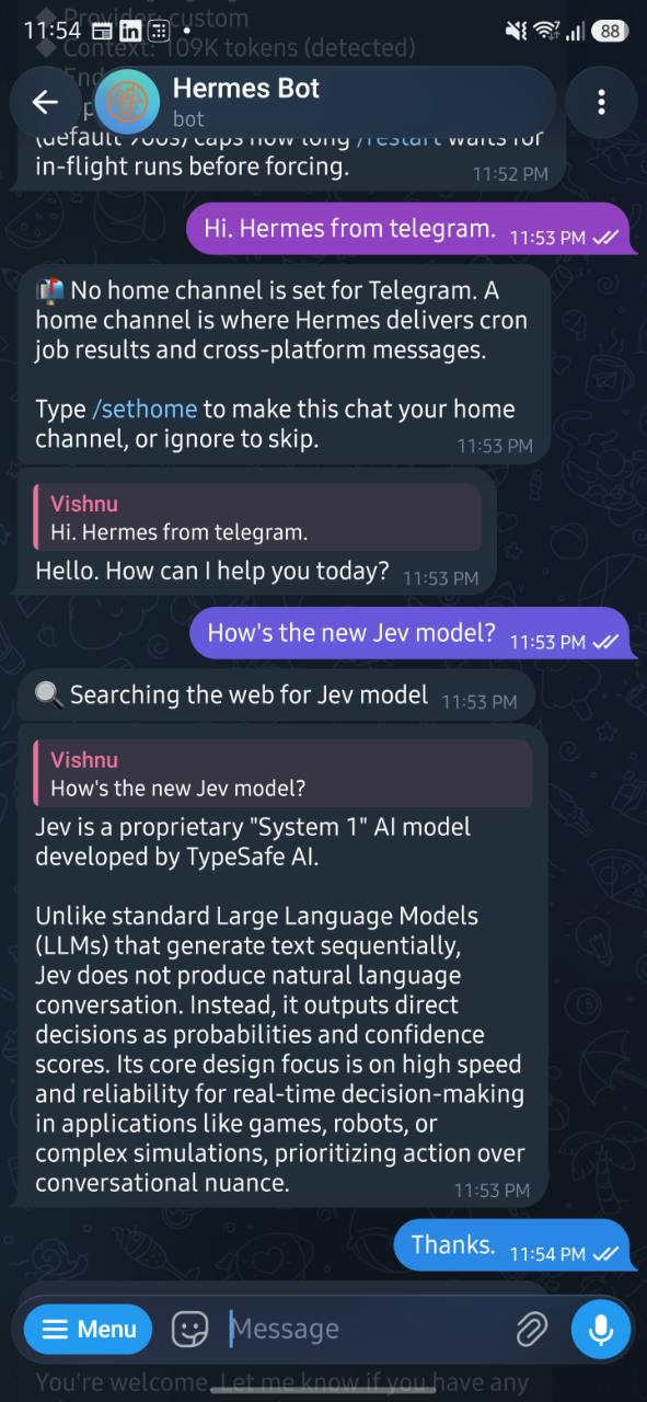 Telegram conversation with Hermes Bot showing a greeting, a web search for the Jev model, and a generated reply
