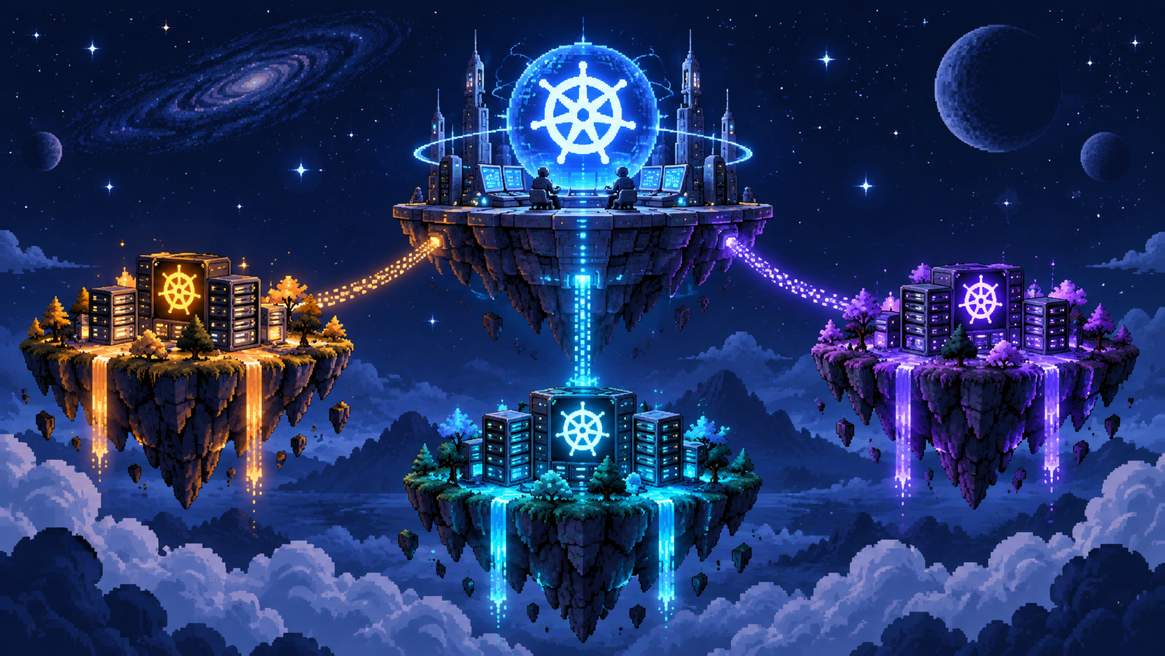 Pixel art orchestration hub coordinating three independent Kubernetes server islands