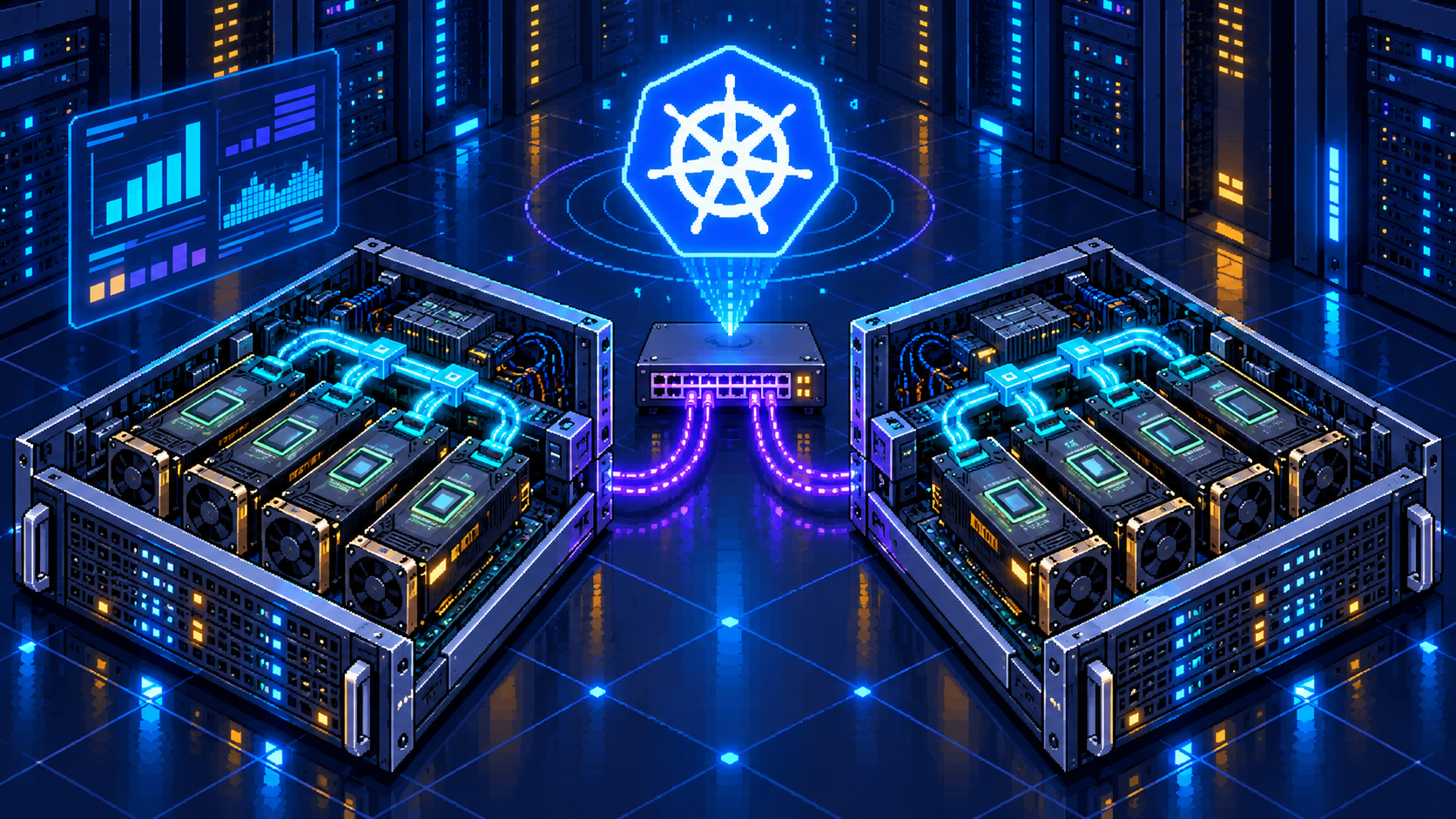 Pixel art Kubernetes GPU cluster with two servers, cyan GPU interconnects, and a violet network fabric
