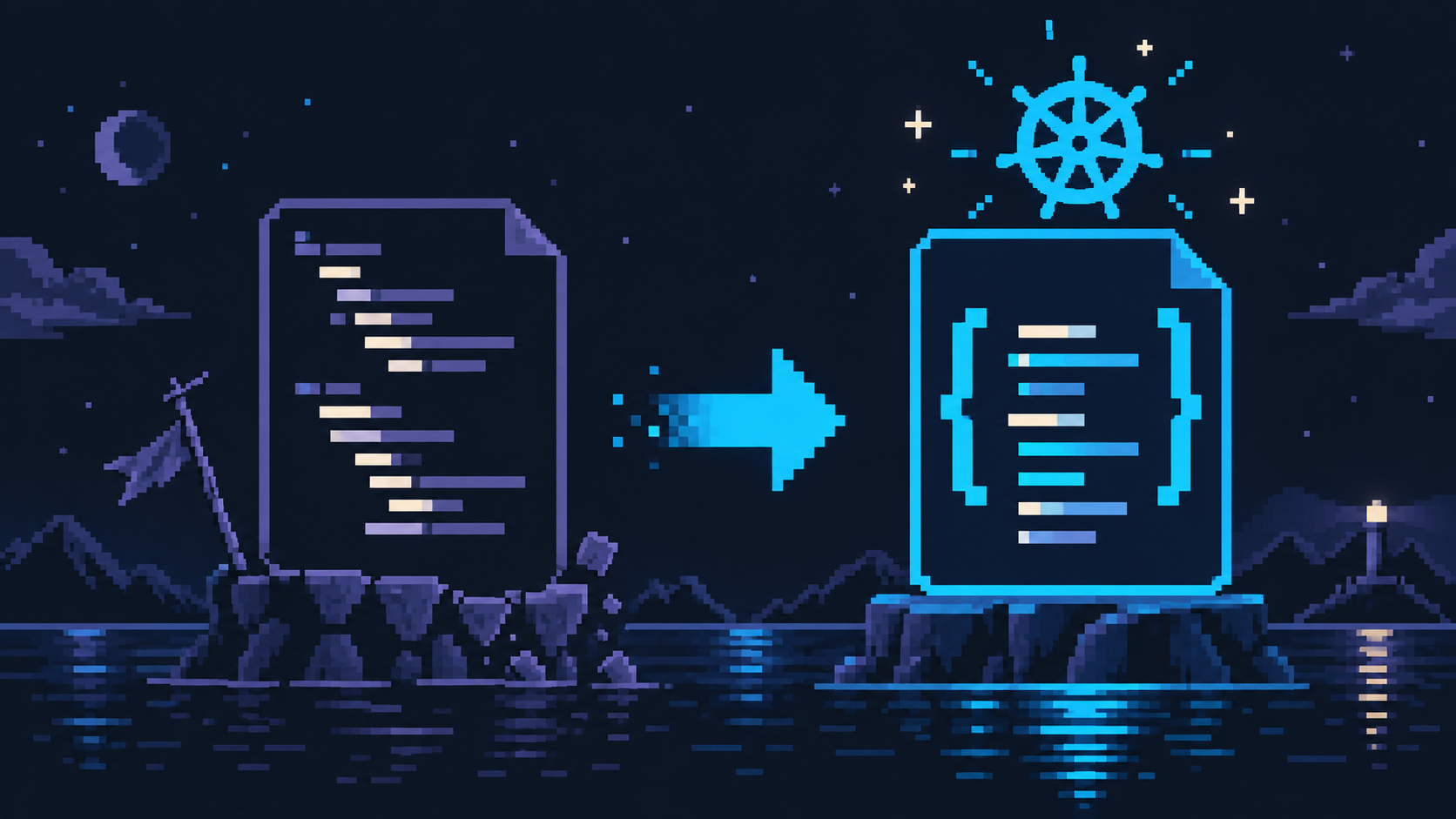 Pixel art showing indented configuration transforming into a structured document with braces