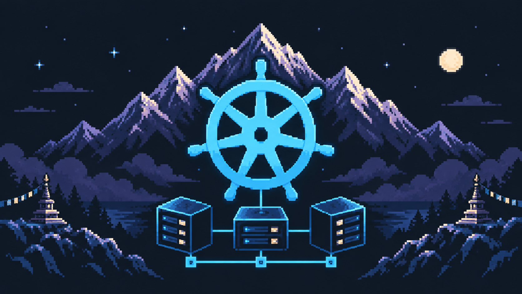 Pixel art Kubernetes wheel above connected servers against Himalayan mountains