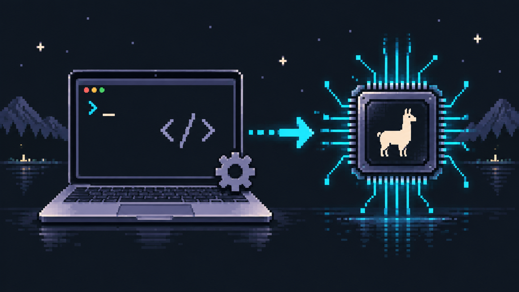 Pixel art terminal and build gear connected to a chip containing a llama