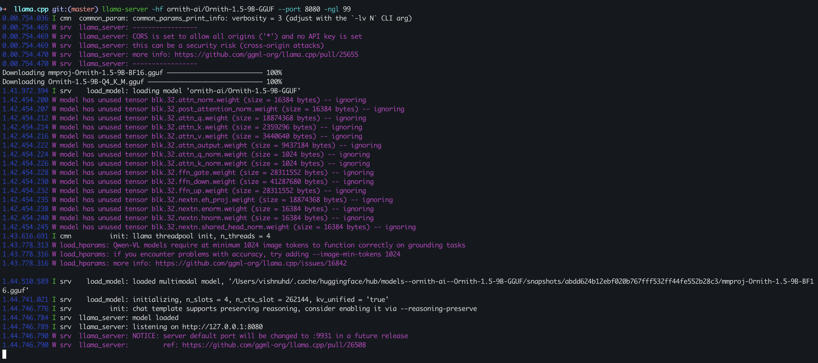 Starting llama-server and downloading Ornith 1.5 9B from Hugging Face
