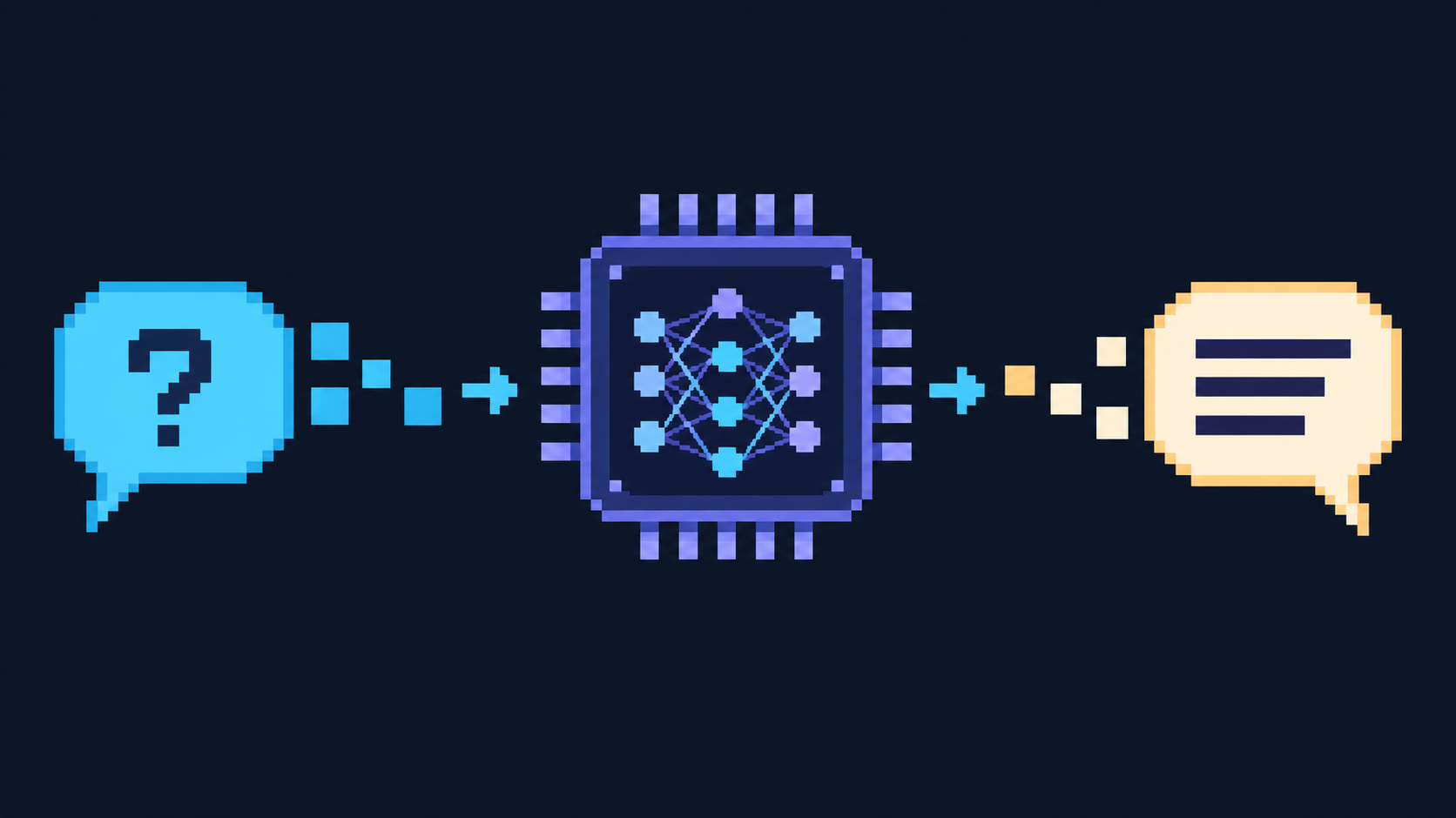 Pixel art showing a question becoming tokens, passing through a neural-network chip, and emerging as an answer