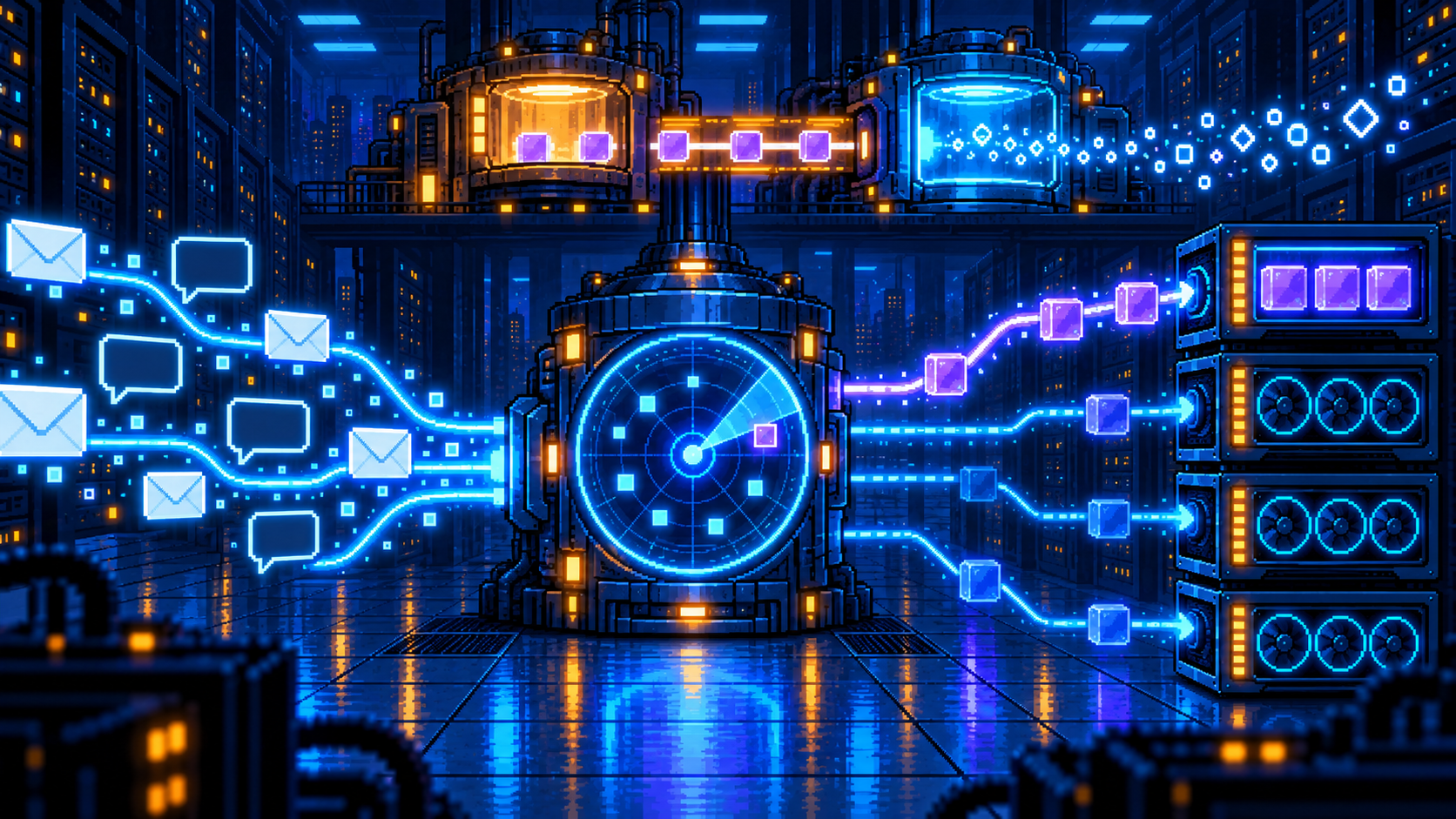 Pixel art router tower sending glowing requests to GPU racks, with the brightest path going to the rack that already holds matching cache cubes