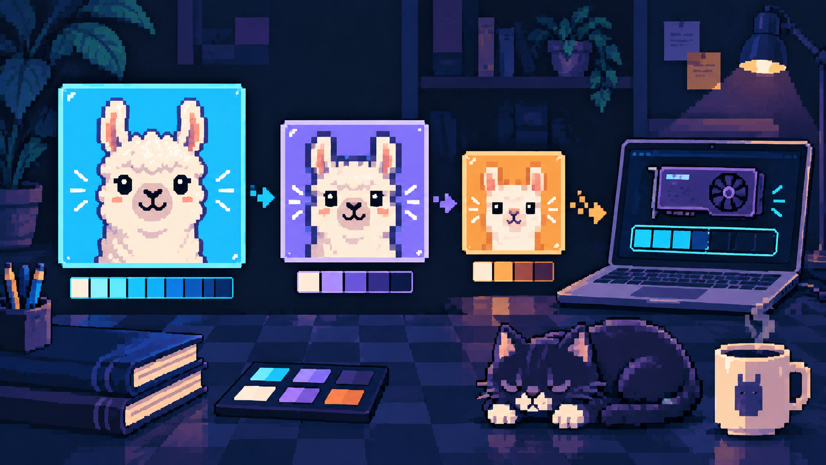 Pixel art of three llama portraits rendered at progressively coarser precision beside a compact GPU