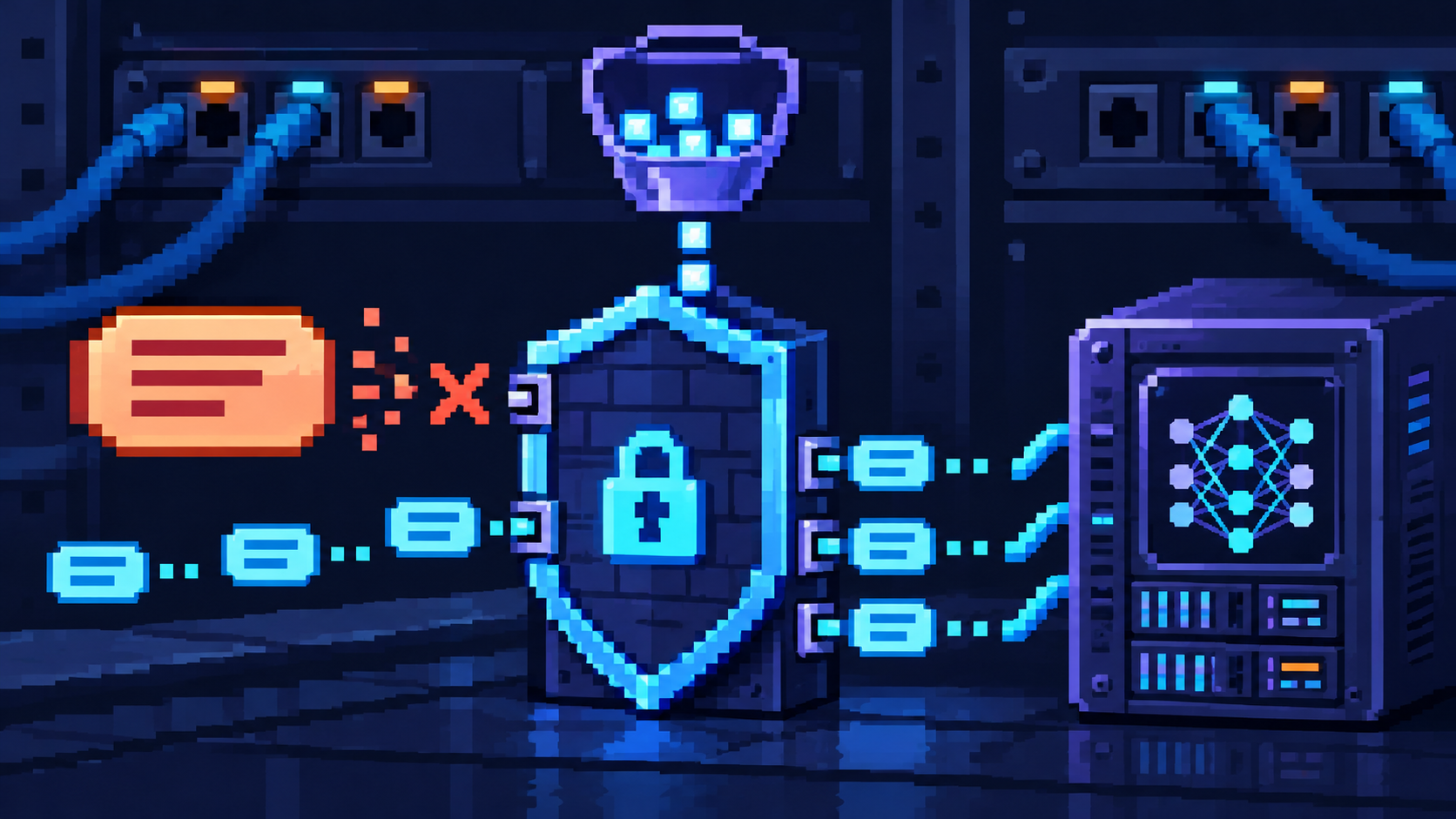 Pixel art of a token bucket metering small requests through a shield-shaped gateway while blocking an oversized request