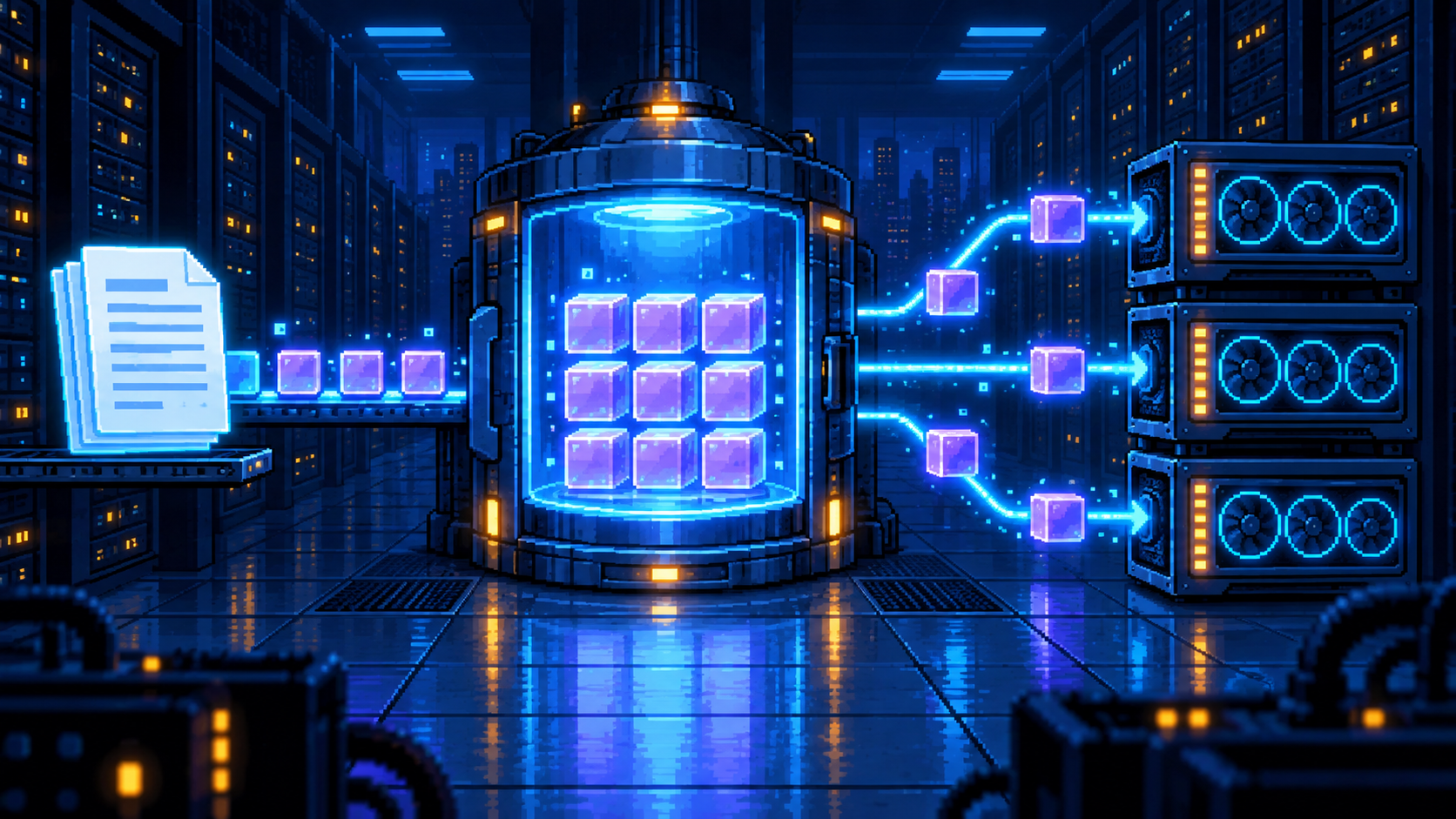 Pixel art cache vault reusing stored memory blocks across three GPU servers