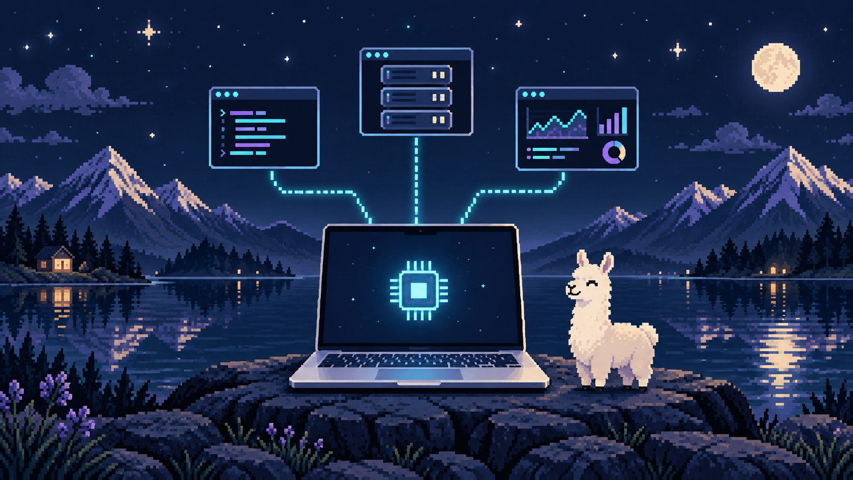 Pixel art MacBook connected to terminal, server, and management panels beside a llama under a night sky