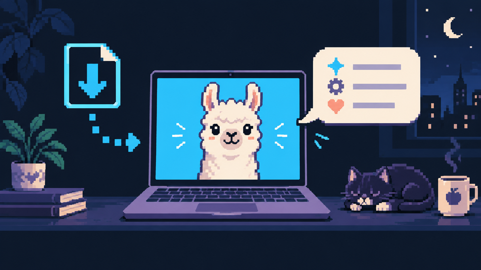 Pixel art laptop running a local llama model, with a download arrow and answer bubble