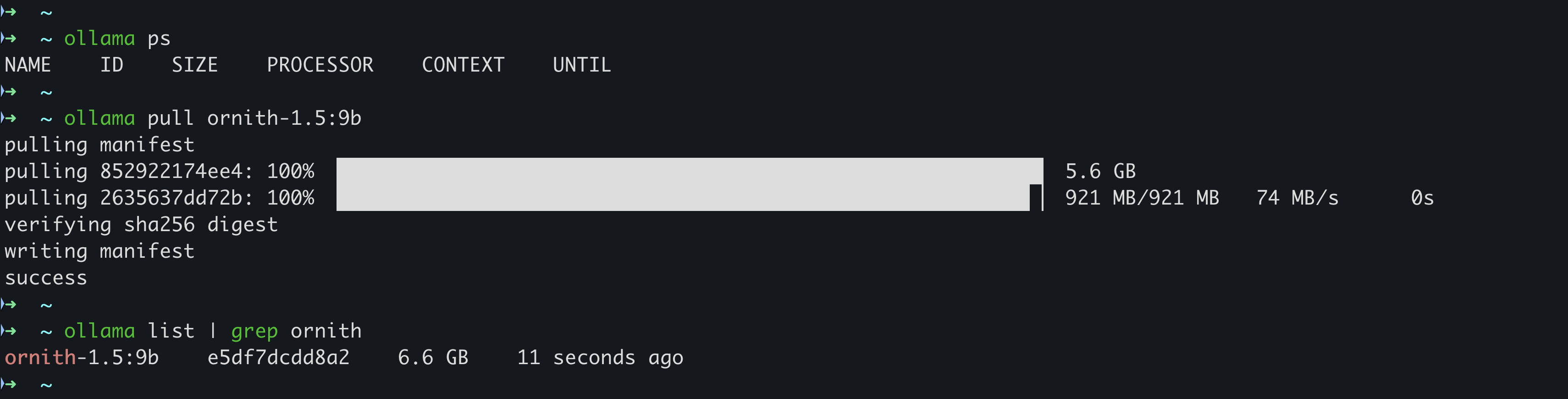 Pulling Ornith 1.5 9B, then confirming the local model
