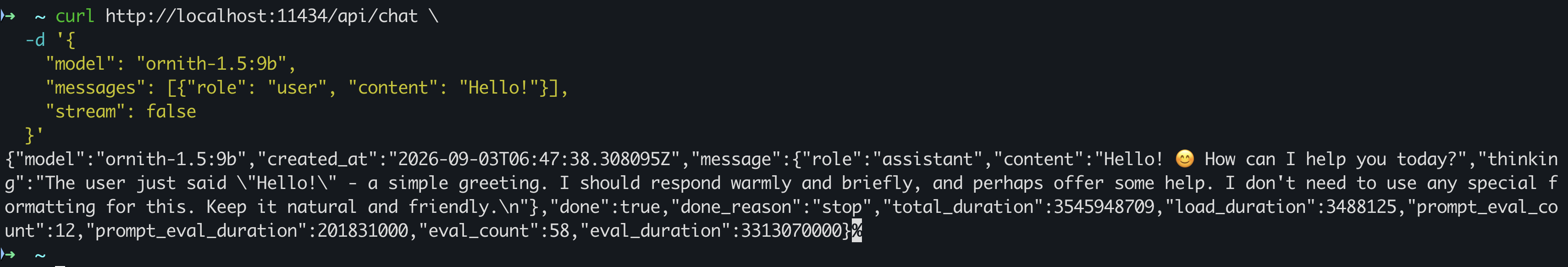 Calling the local Ollama chat API with curl