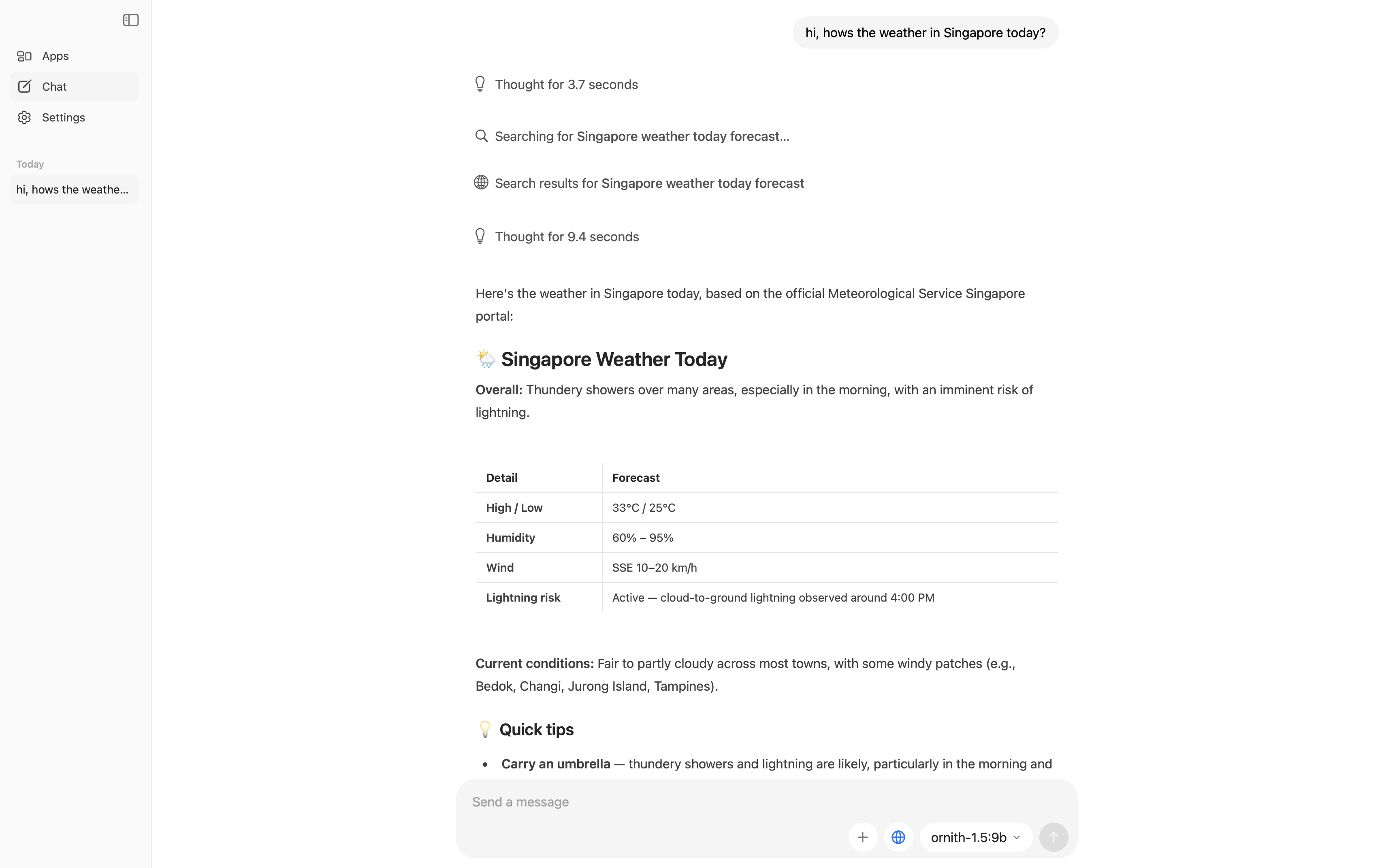 The Ollama app with Ornith 1.5 9B selected