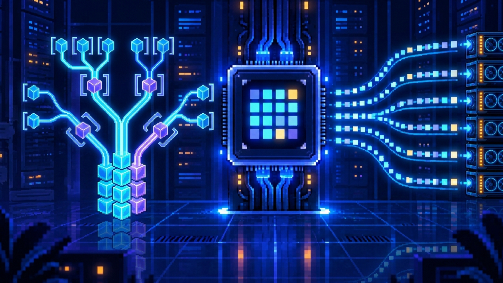 Pixel art comparison showing a glowing branching Radix tree with structured bracket gates on the left and a GPU processor core packing memory pages into parallel token streams on the right