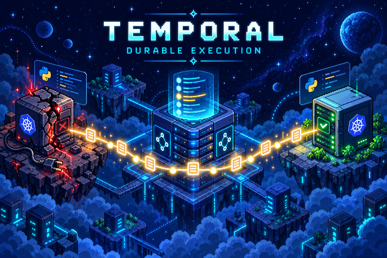 Pixel art workflow continuing through a durable history server from a crashed worker to a healthy replacement