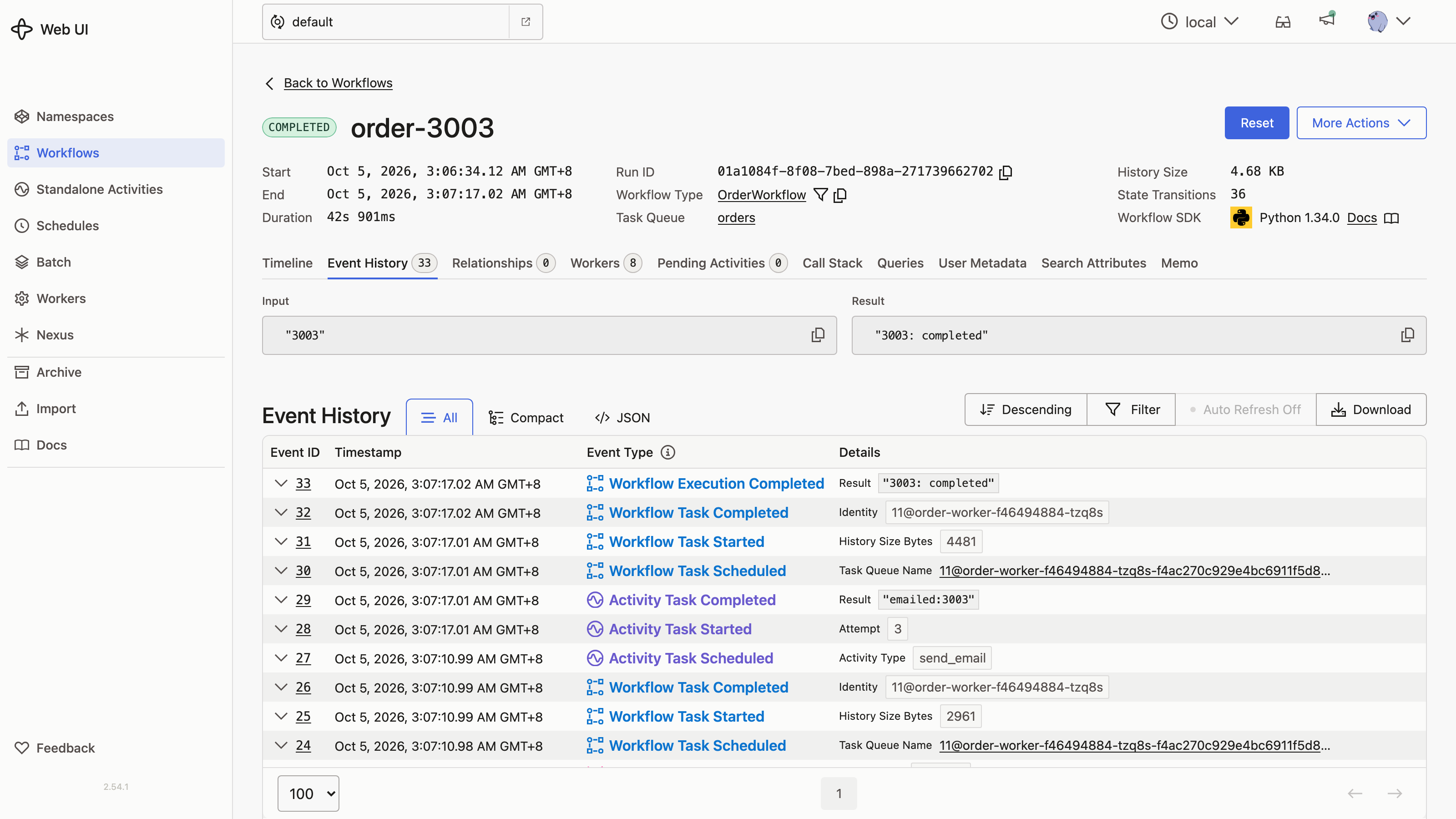 Event history of order-3003 showing the pack_items result “resumed at step 3” and a different worker pod identity