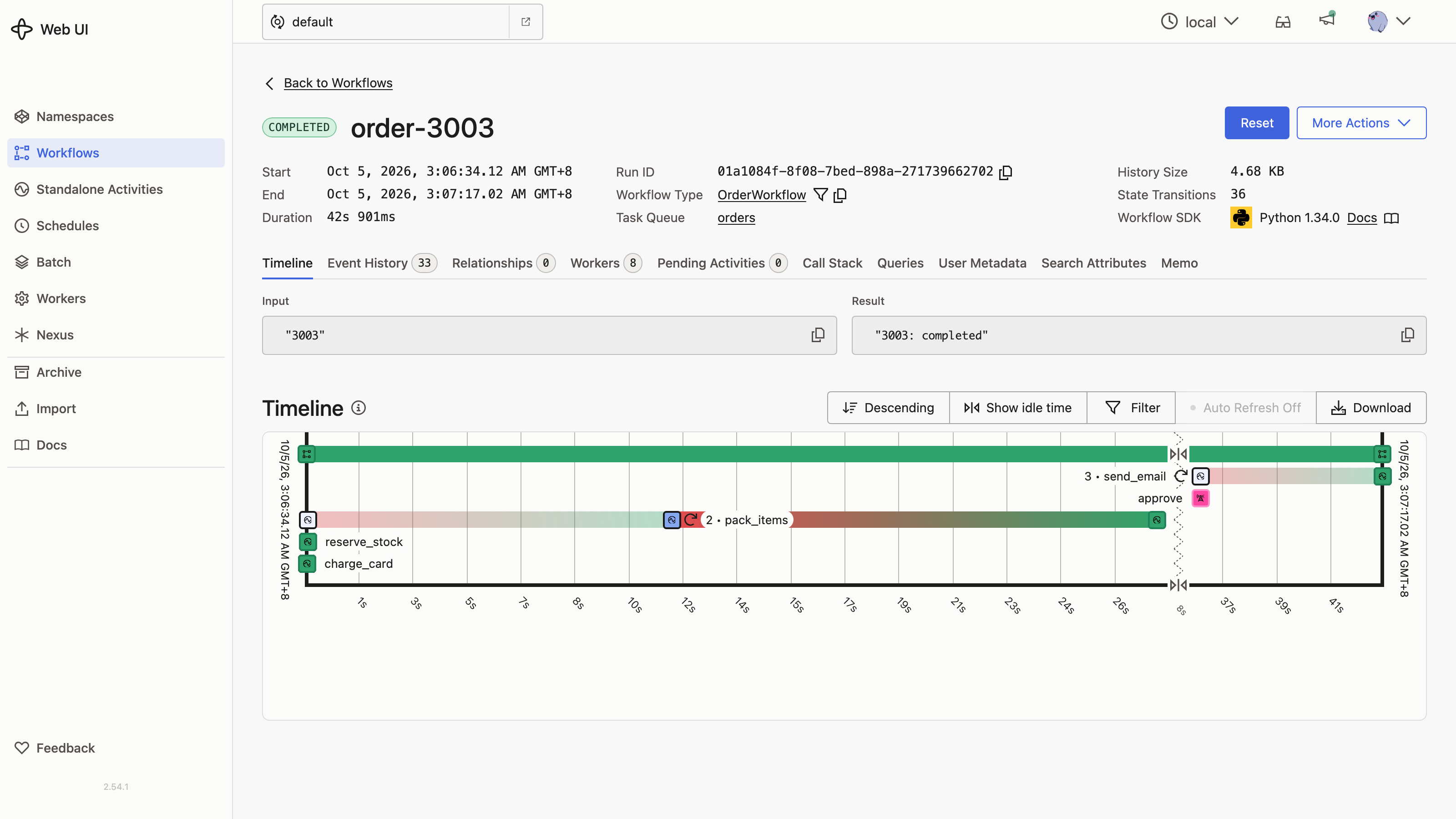 Timeline of order-3003: pack_items retried after the crash, send_email retried twice, approve signal received