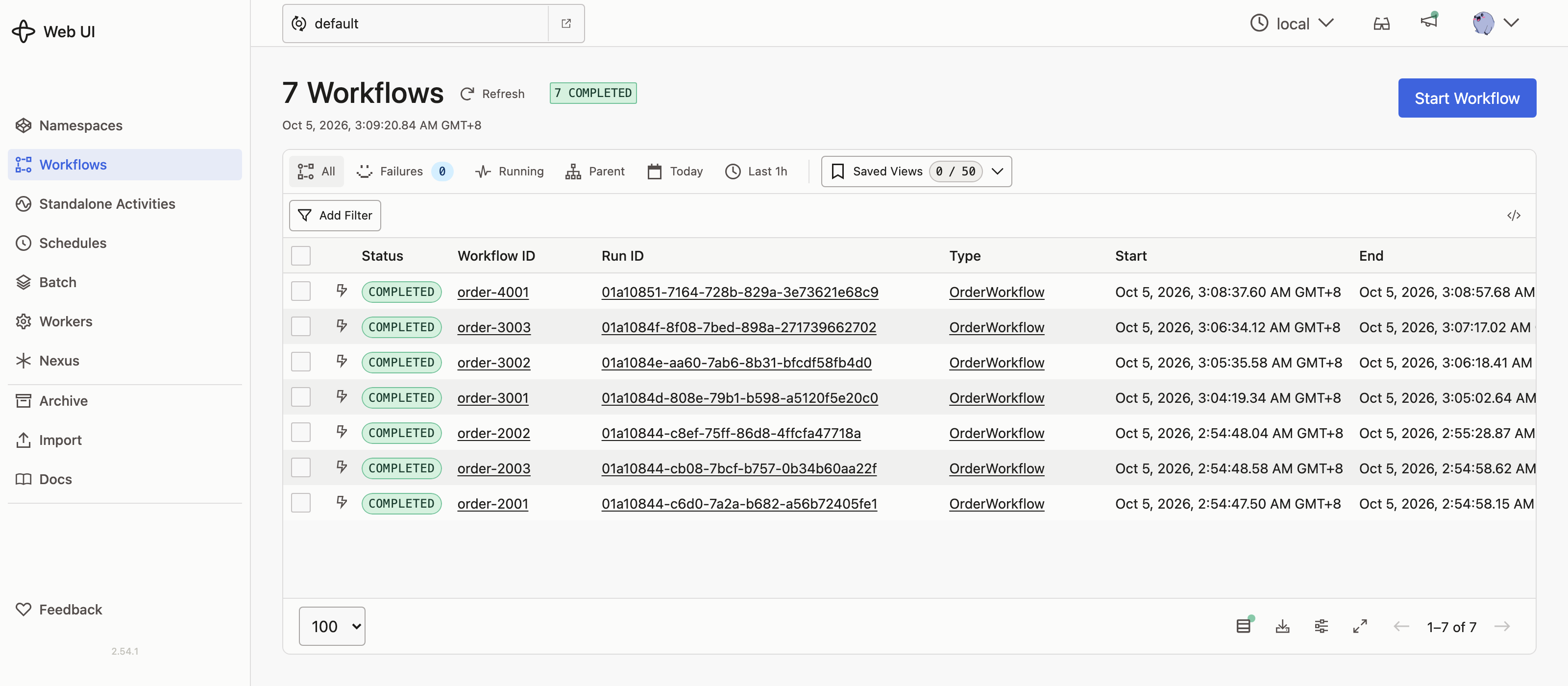 Temporal Web UI on Kubernetes listing several order workflows