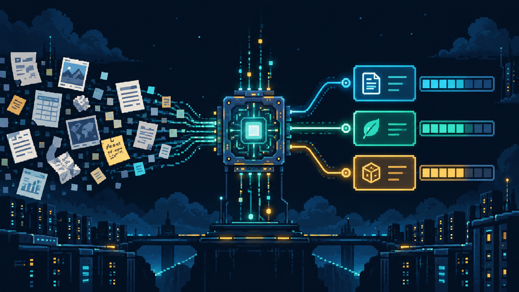 Pixel art processor turning unstructured documents into parallel decision paths and probability indicators