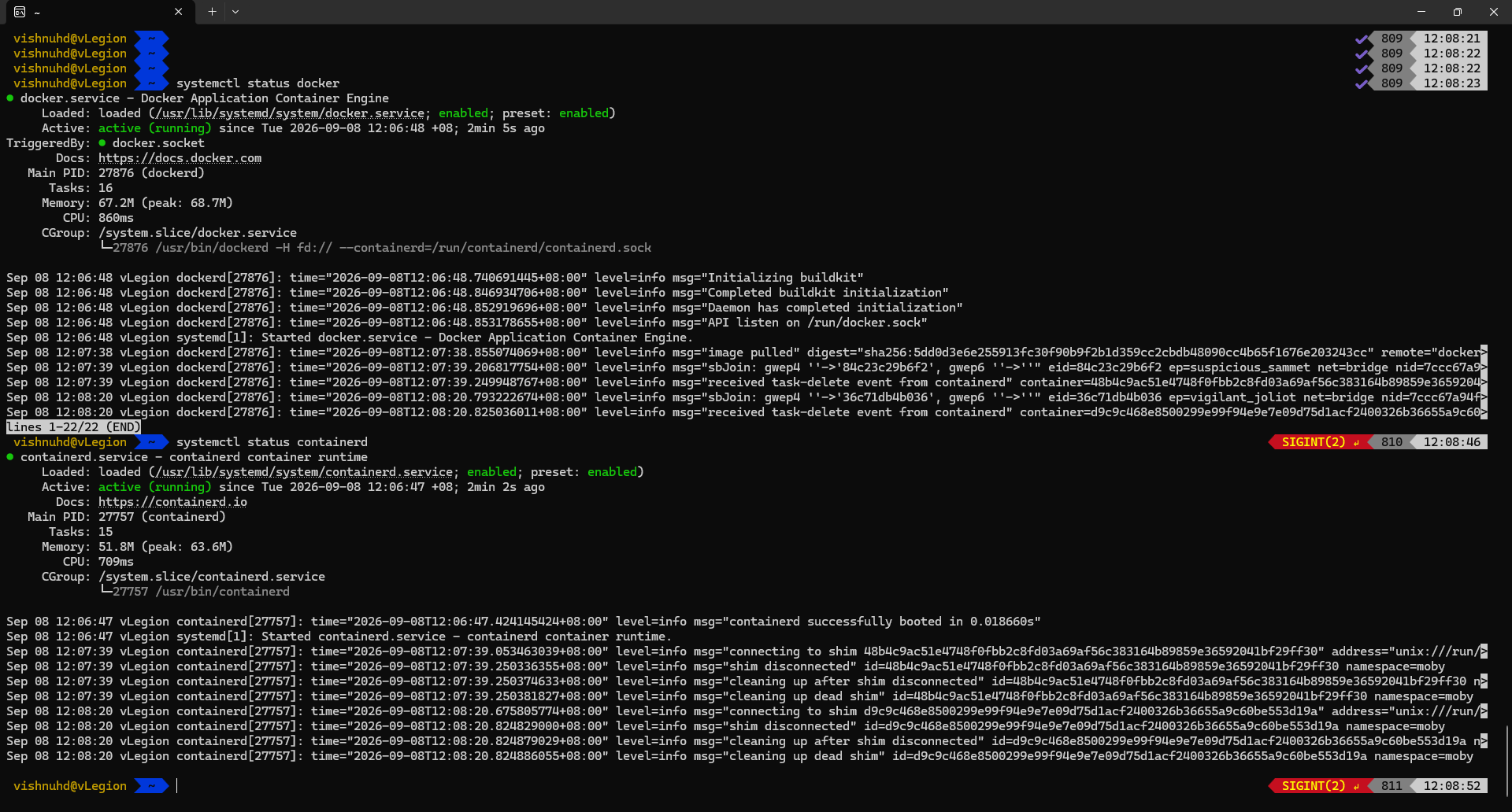 Verifying systemd status for Docker and containerd