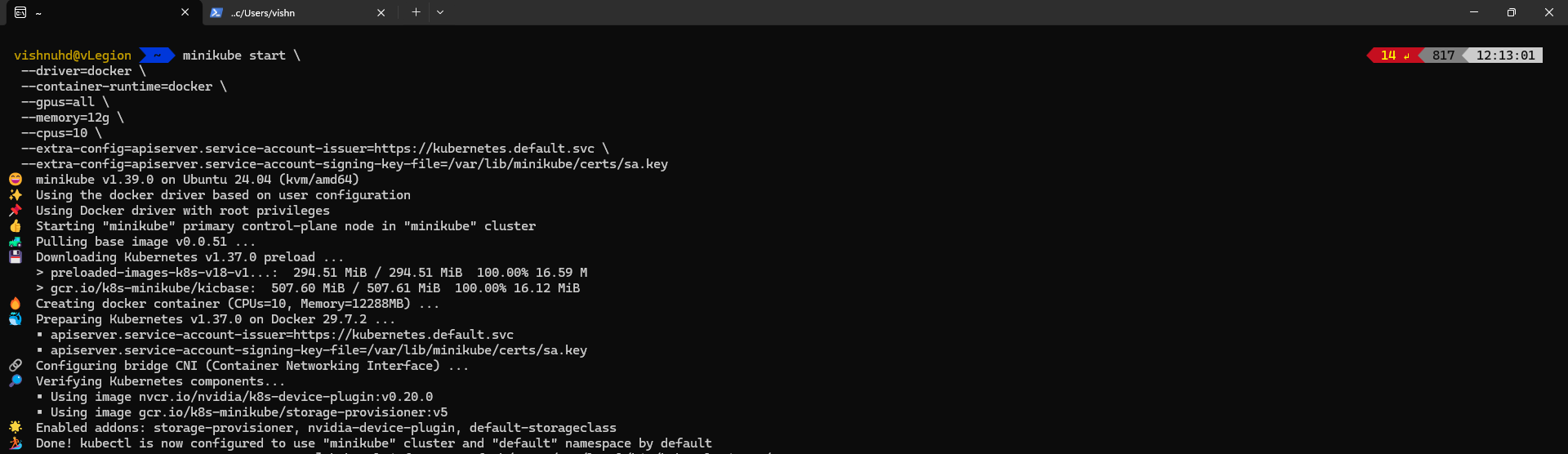 Starting Minikube with GPU support and Docker runtime