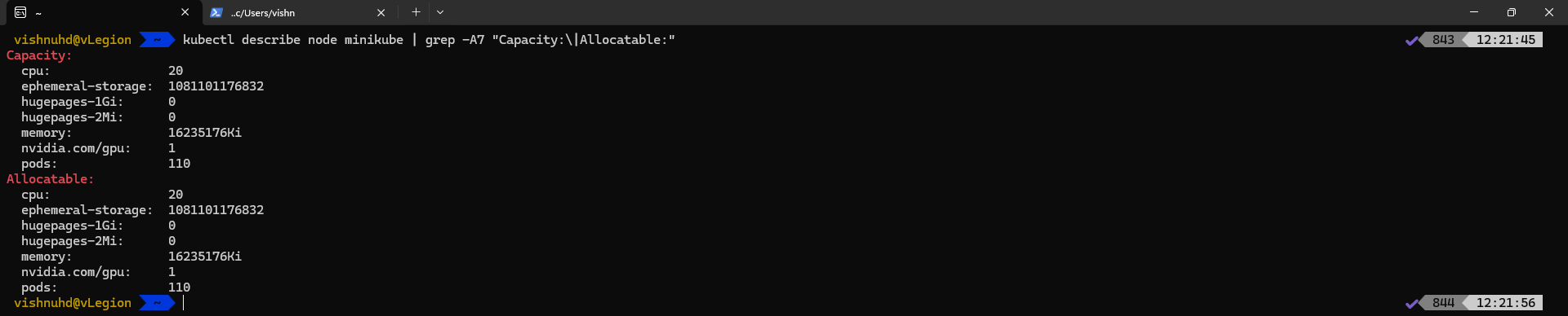 Minikube node capacity showing GPU resource