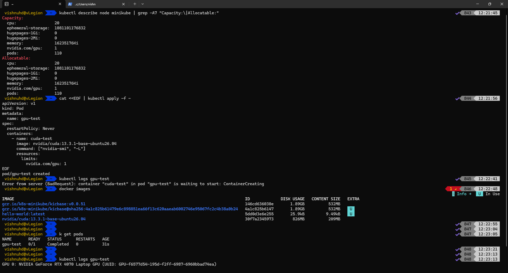 CUDA test pod running on Minikube