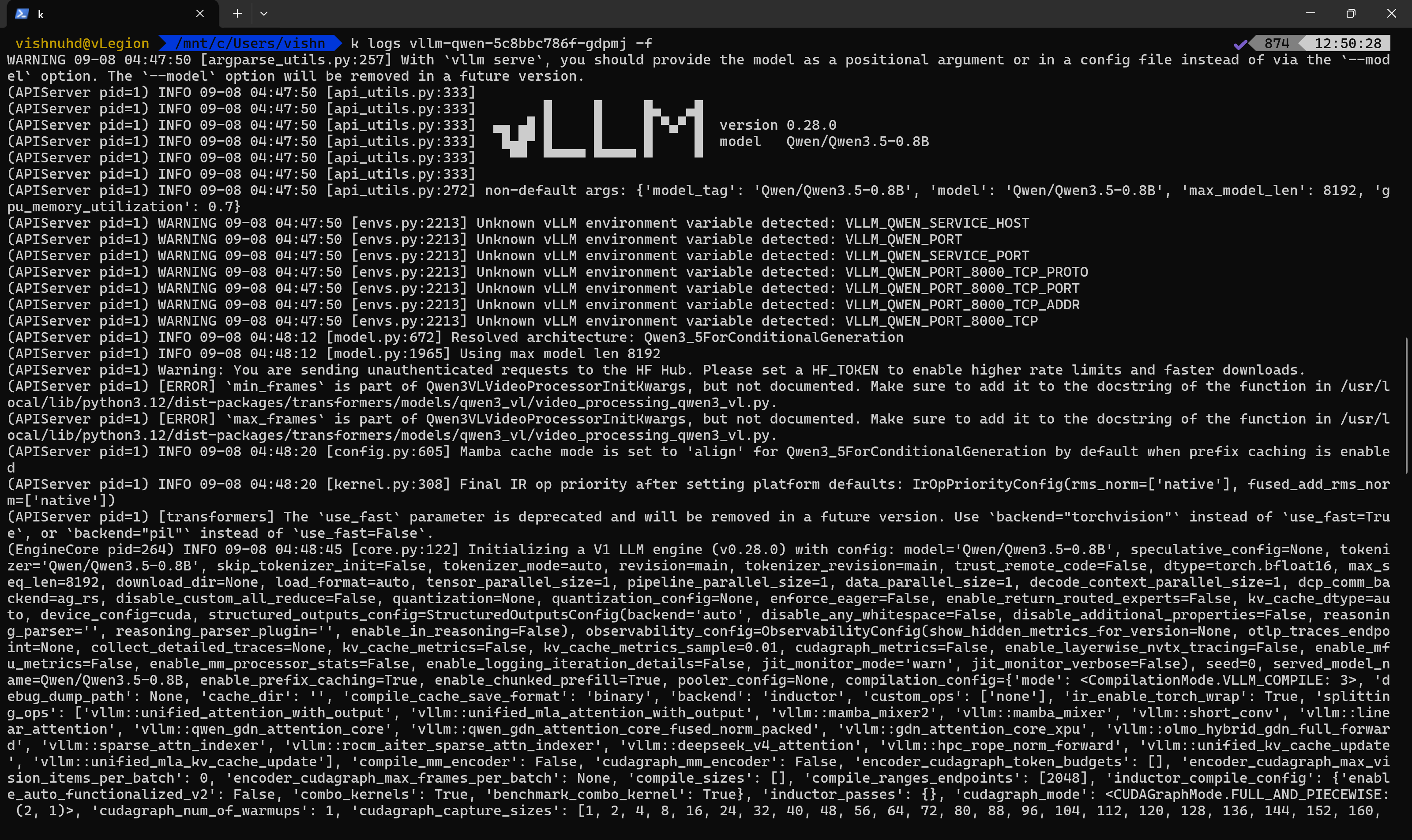 vLLM pod engine initialization logs